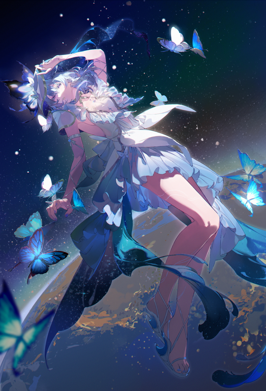 1girl, absurdres, arm_up, armlet, bare_legs, blue_butterfly, blue_hair, blue_nails