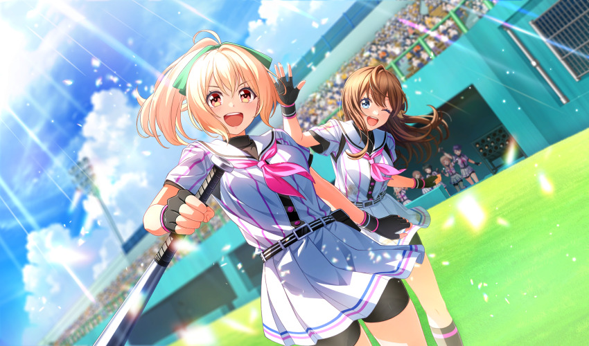 :d, ;d, aisaka_koko, arihara_tsubasa, baseball_bat, baseball_stadium, baseball_uniform, belt