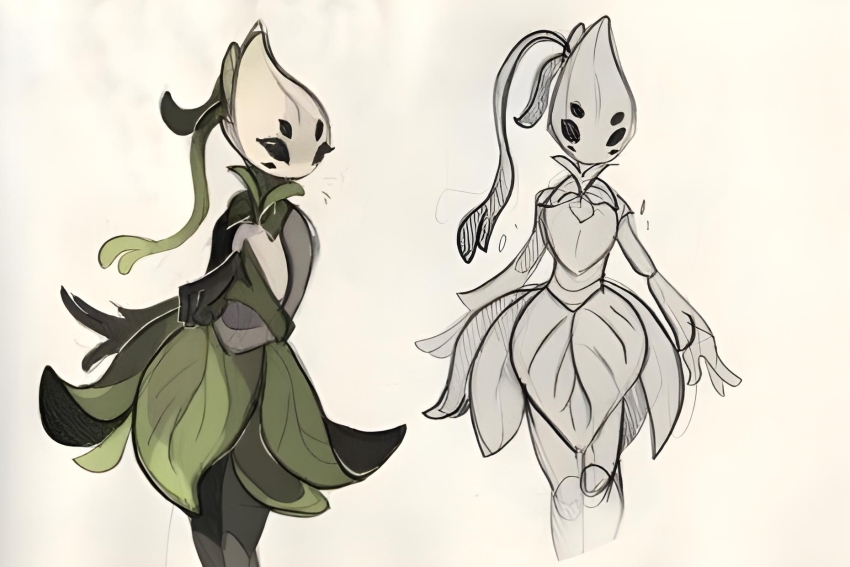1girl, black_eyes, dress, floral_print, green_hair, highres, hollow_eyes, hollow_knight, isma_(hollow_knight), leaves, multiple_views, vegetation
