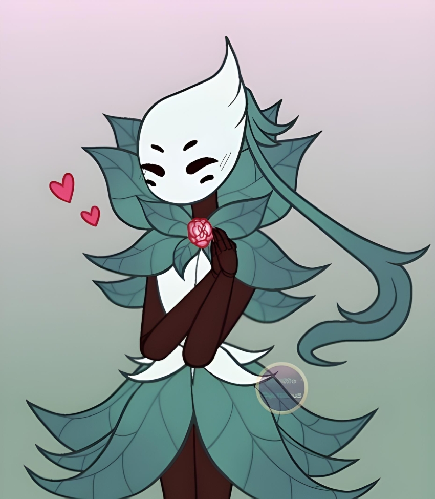 1girl, black_eyes, dress, floral_print, flower, green_hair, highres, hollow_eyes, hollow_knight, isma_(hollow_knight), leaves, vegetation