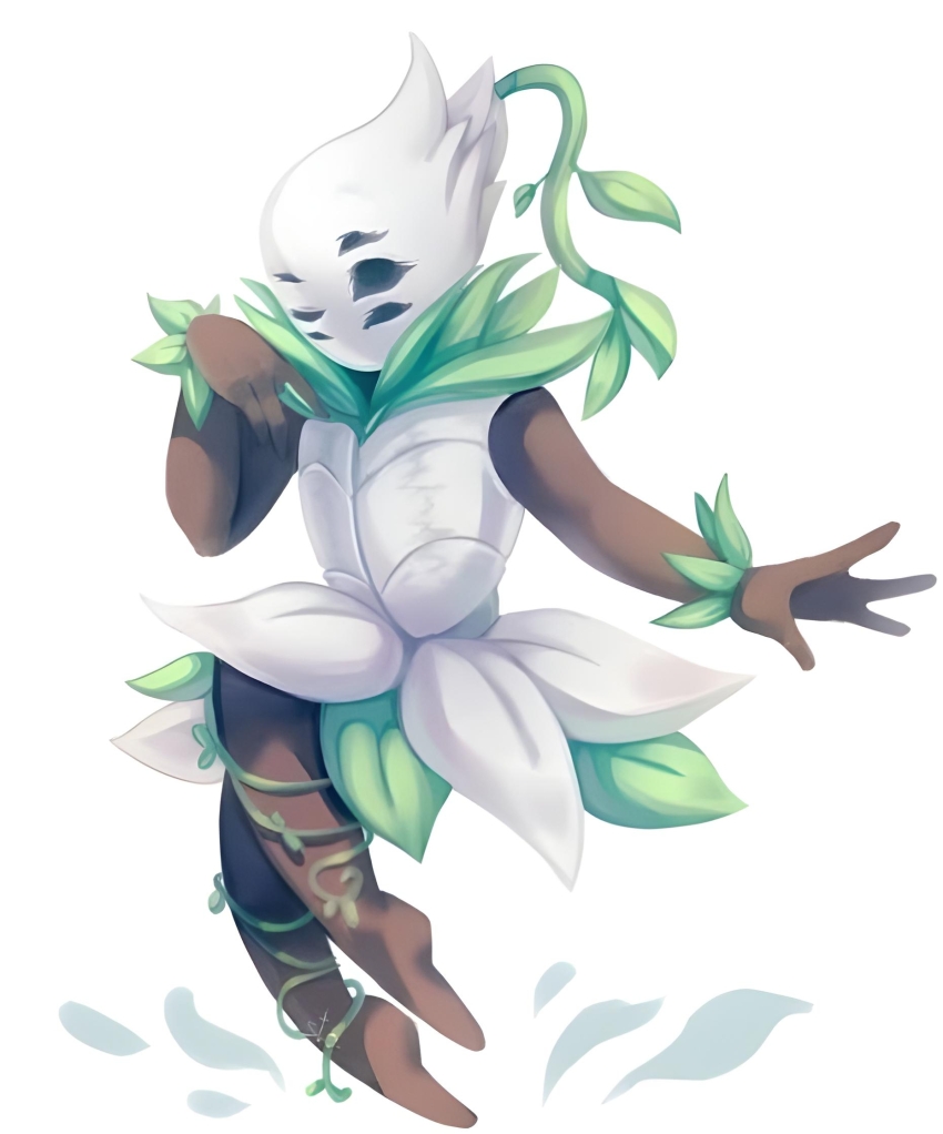 1girl, black_eyes, dress, floral_print, green_hair, highres, hollow_eyes, hollow_knight, isma_(hollow_knight), leaves, pale_skin, vegetation