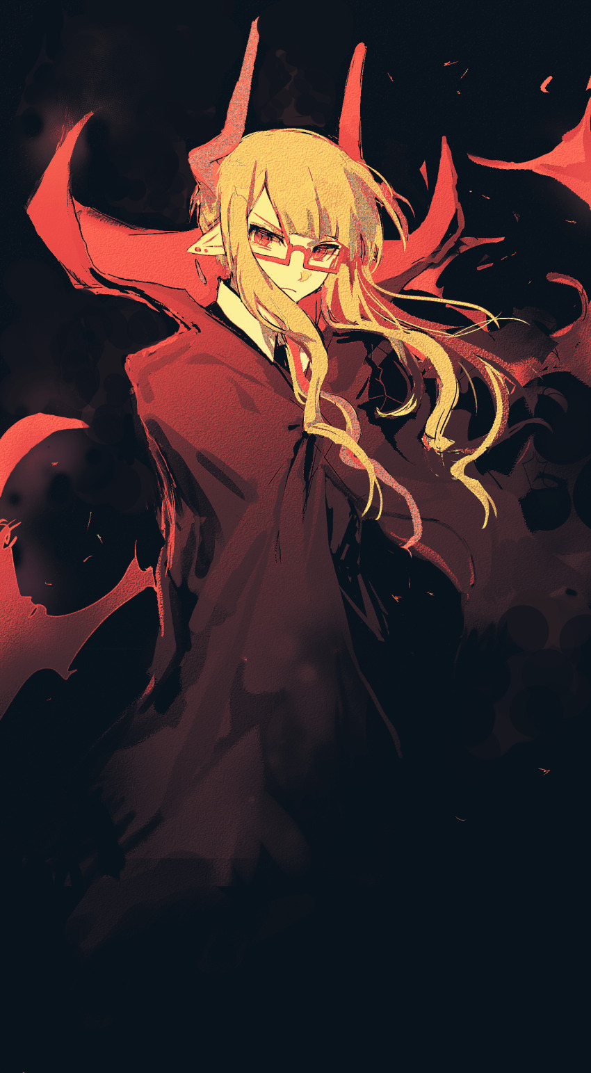 1boy, absurdres, black_cape, cape, demon_boy, demon_horns, funamusea, glasses