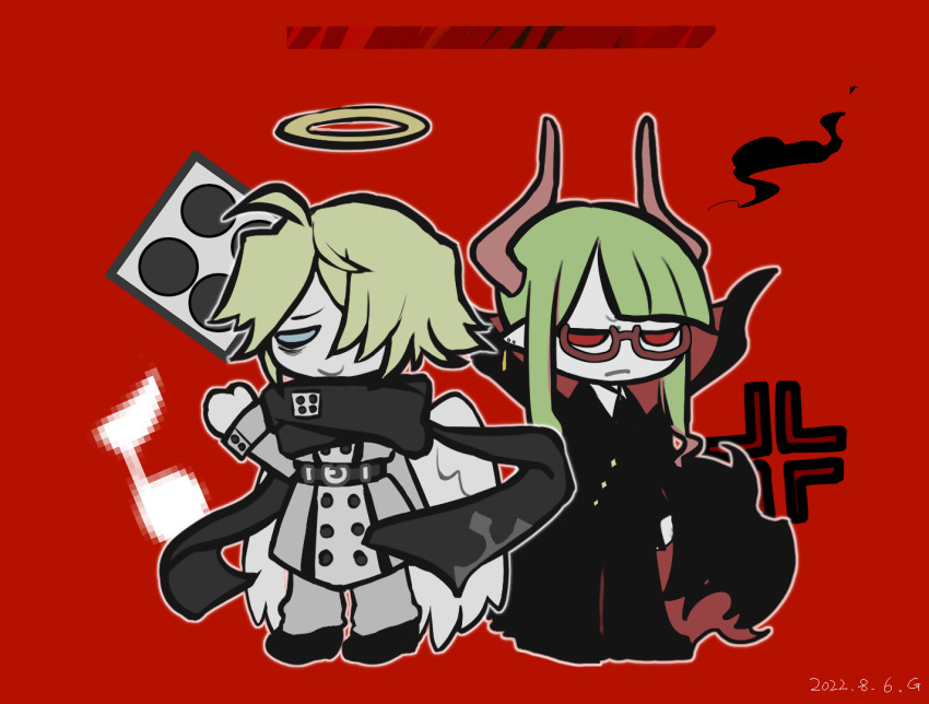 2boys, angel, angel_wings, blonde_hair, demon_boy, demon_horns, formal_clothes, funamusea
