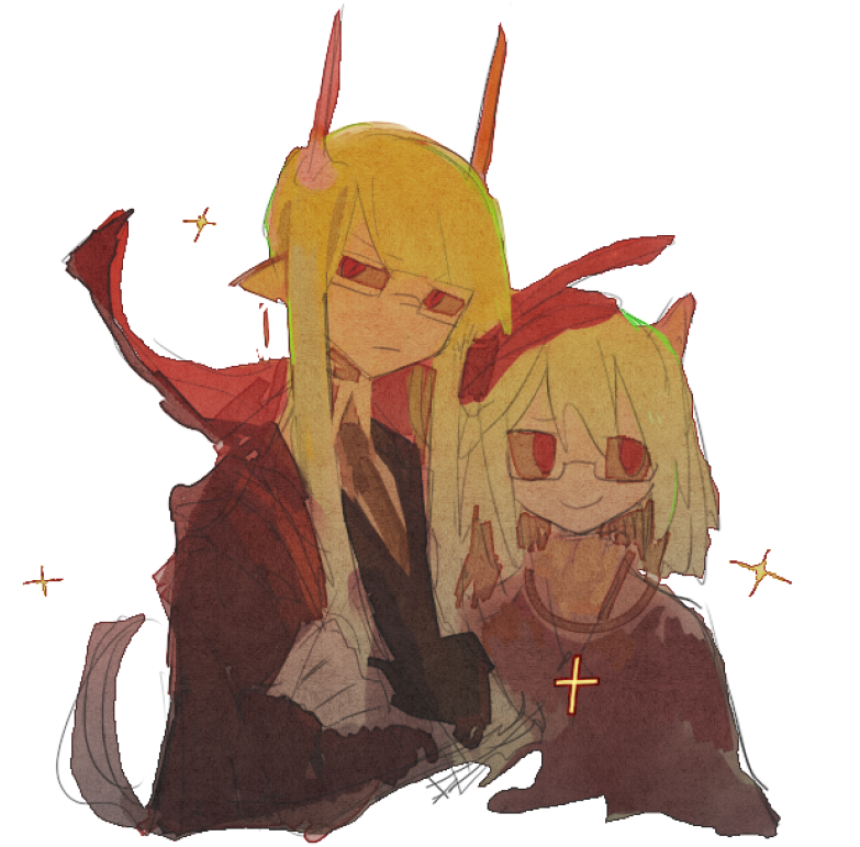1boy, 1girl, demon_boy, demon_girl, demon_horns, formal_clothes, funamusea, glasses