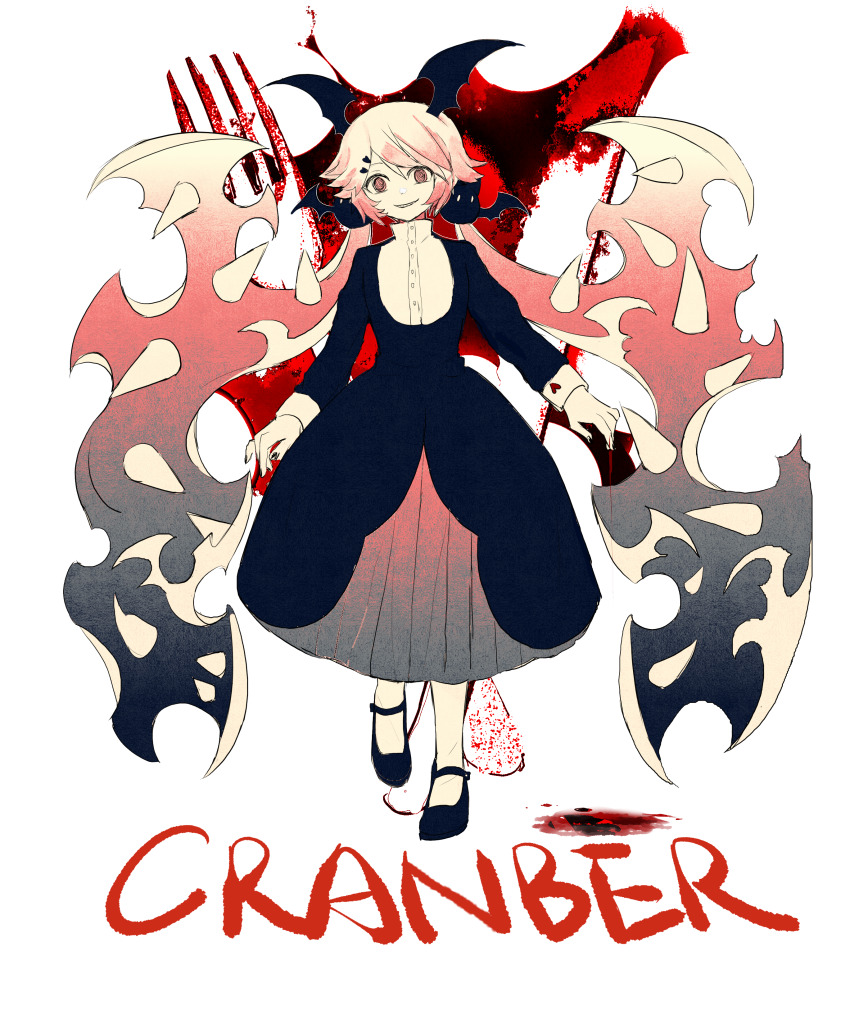 1girl, absurdres, black_dress, cranber_(funamusea), demon_girl, dress, funamusea, haiiro_teien, highres, long_hair, looking_at_viewer, mary_janes, pink_hair, raincoat-rkgk, shoes, solo, spikes, very_long_hair