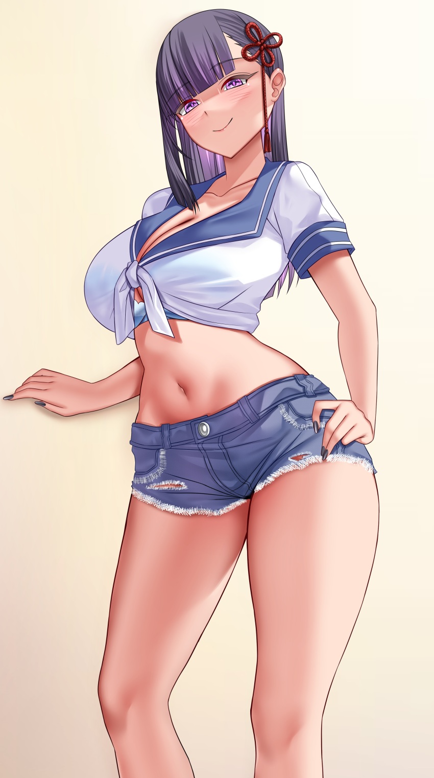 1girl, absurdres, bare_legs, black_hair, black_nails, blue_bra, blue_sailor_collar, blunt_bangs