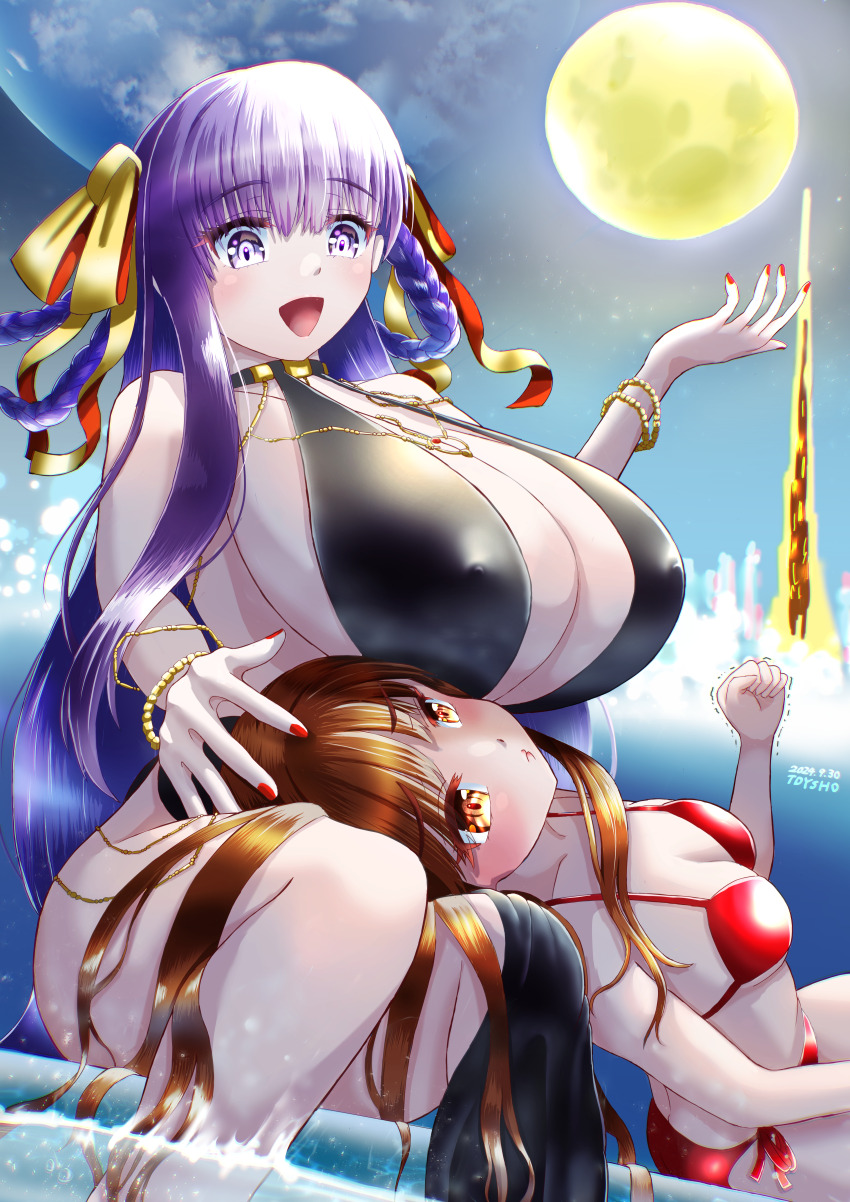 2024, 2girls, absurdres, artist_name, ass, bb_(fate), bb_dubai_(fate), belly_chain, bikini, black_dress, blush, bracelet, braid, braided_hair_rings, breast_envy, breast_rest, breasts, brown_hair, center_opening, clenched_hand, collarbone, covered_erect_nipples, dated, dress, fate/extra, fate/grand_order, fate_(series), hair_ribbon, hair_rings, highres, huge_breasts, huge_filesize, jewelry, kishinami_hakuno_(female), lap_pillow, long_hair, moon, multiple_girls, nail_polish, no_bra, no_panties, o-ring, open_mouth, pool, poolside, purple_eyes, purple_hair, red_bikini, red_nails, ribbon, side_slit, sideboob, sky, small_breasts, smile, swimsuit, tdysho, thighs, twin_braids, very_long_hair, yellow_ribbon