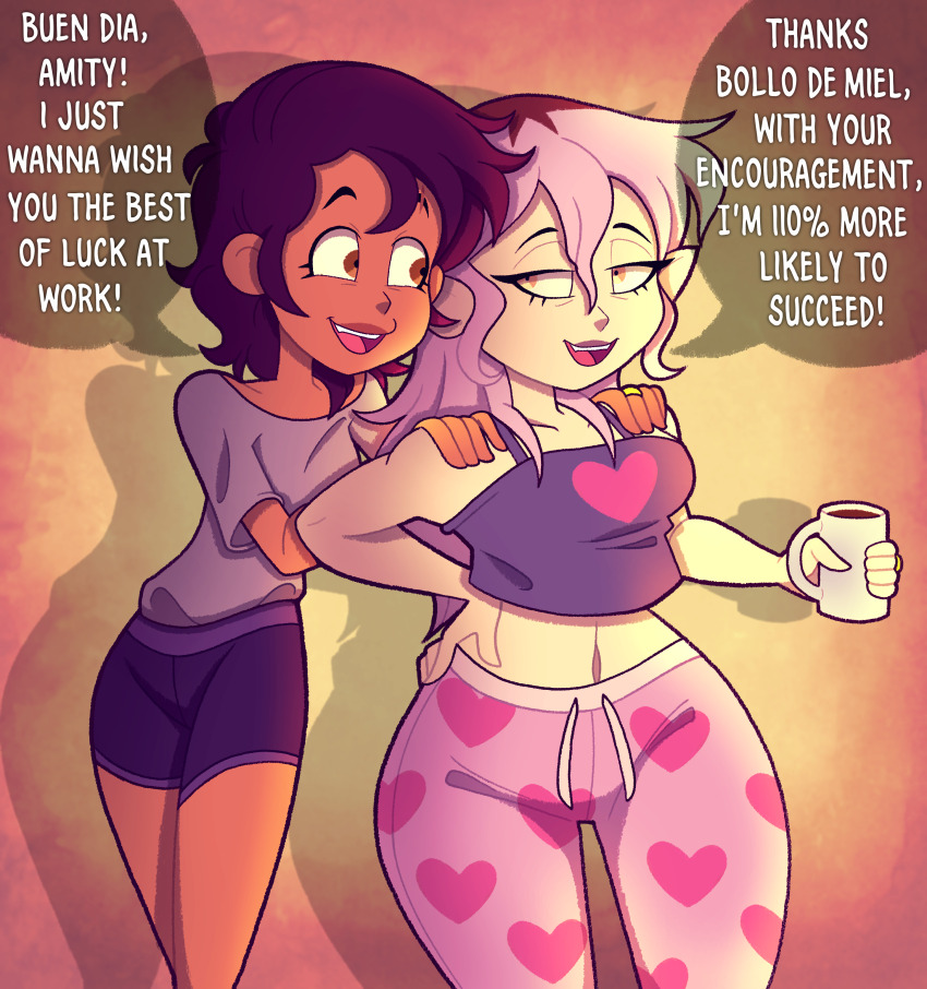 2girls, absurdres, amity_blight, coffee, couple, english_text, hands_on_another's_shoulders, highres