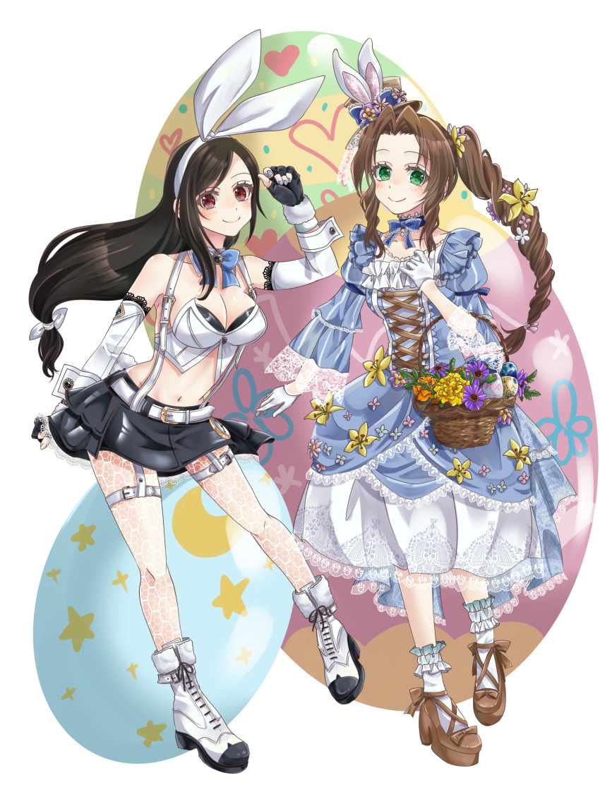 2girls, aerith_gainsborough, aerith_gainsborough_(classic_coney), animal_ear_hairband, animal_ears, ayaki_black_cat, bare_shoulders, basket