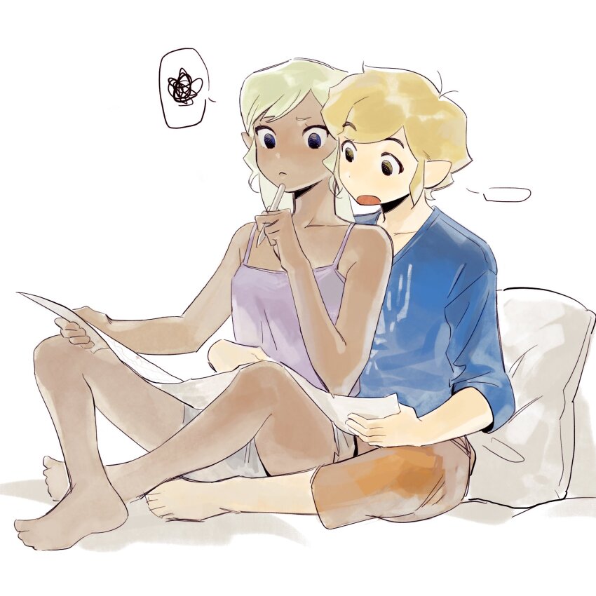 1boy, 1girl, :<, blonde_hair, camisole, dark-skinned_female, dark_skin, frown