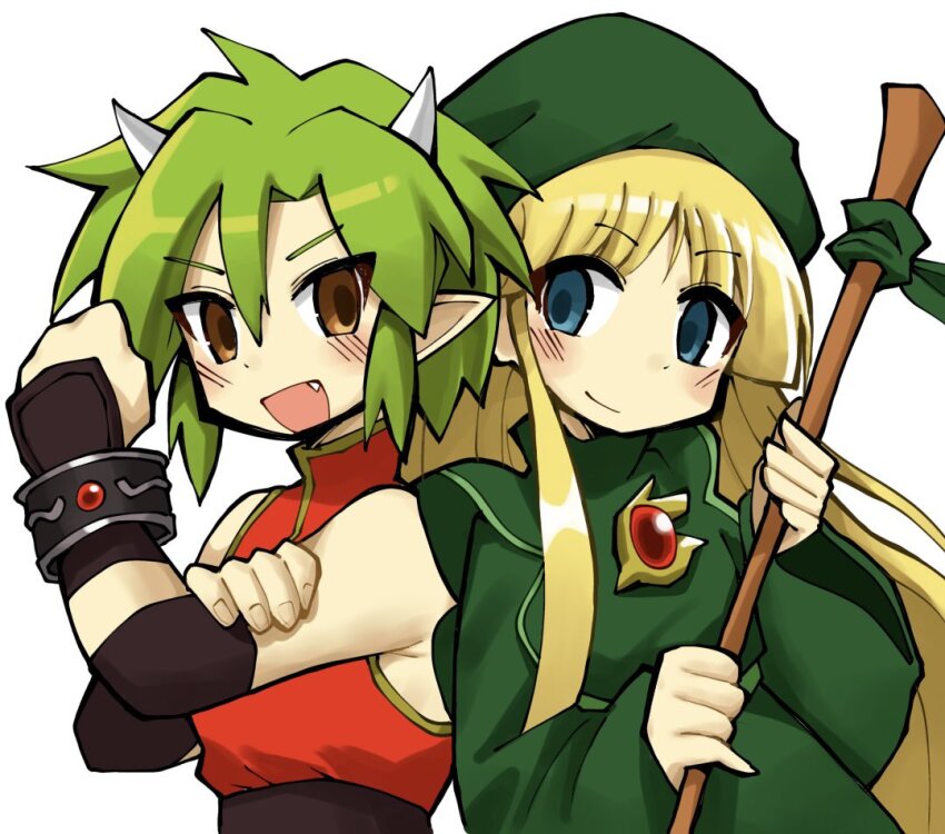 2girls, armpit_crease, black_gloves, blonde_hair, blue_eyes, blunt_bangs, blush, broom