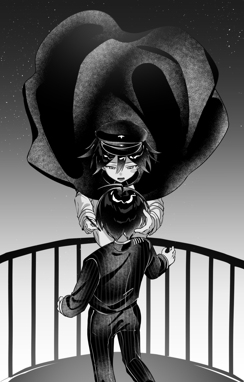 2boys, absurdres, ahoge, balcony, black_hair, blush, collared_jacket, commentary_request