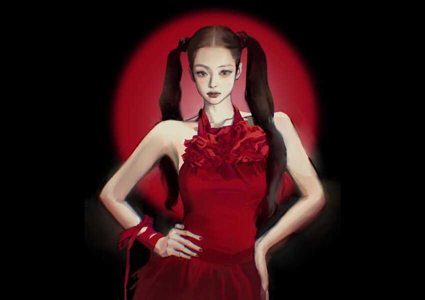 1girl, black_background, blackpink, brown_hair, circle, closed_mouth, commentary, cowboy_shot