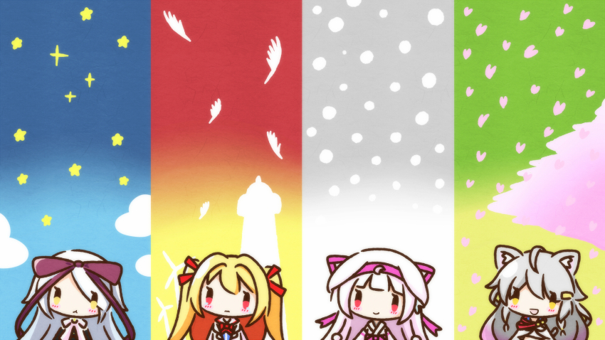 4girls, animal_ears, astralair_no_shiroki_towa, blonde_hair, cat_ears, chibi, chibi_only, favorite_(company)