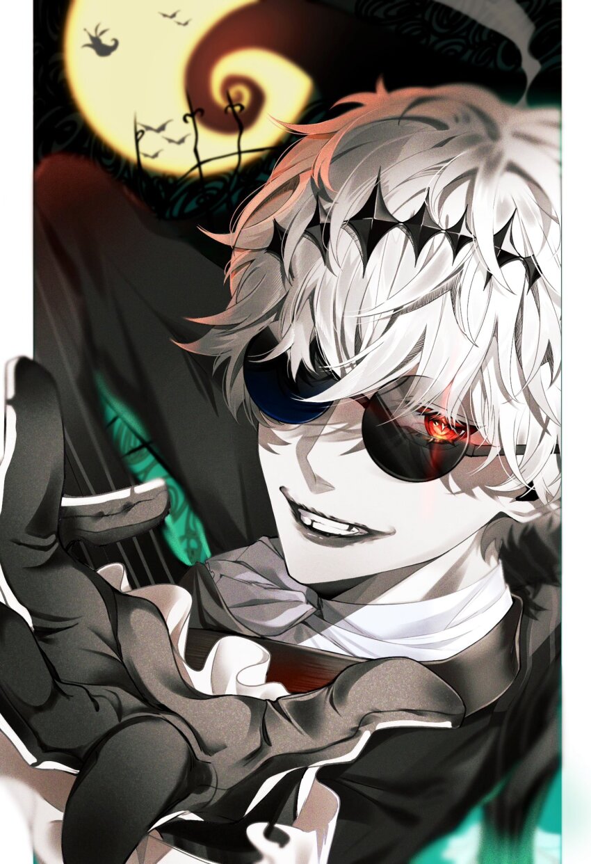 1boy, bat_(animal), bishounen, black_crown, border, crown, diamond_hairband, formal_clothes