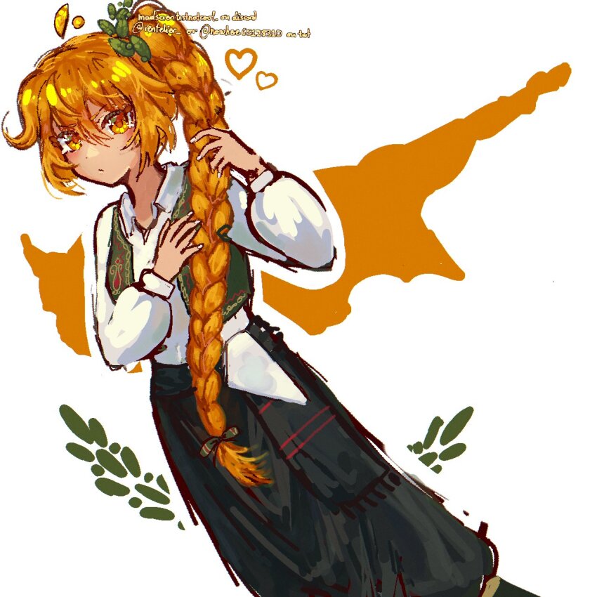 1girl, ahoge, akita_neru, artist_name, black_skirt, blonde_hair, collared_shirt, commentary, cypriot_flag, cyprus, detached_ahoge, dutch_angle, english_commentary, feet_out_of_frame, flag_background, hair_between_eyes, heart, highres, long_hair, looking_at_viewer, nowhere65128310, shirt, side_ponytail, skirt, solo, towel, traditional_greek_clothes, v-shaped_eyebrows, vest, vocaloid, white_nails, white_shirt, worldwide_miku, yellow_eyes