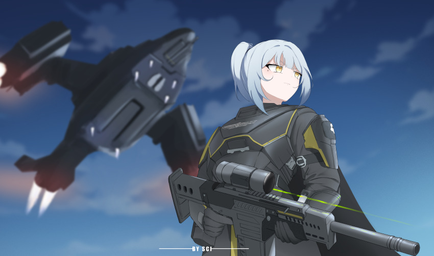 1girl, absurdres, armor, assault_rifle, blue_hair, blue_sky, blurry, blurry_background, cape, from_below, gun, gunship, helldiver_(helldivers), helldivers_(series), highres, holding, holding_gun, holding_weapon, laser_sight, looking_afar, military_vehicle, pelican_(helldivers), ponytail, r-63_diligence, rifle, sci_(31134306), sky, solo, starcraft, starcraft_ii, vtol, weapon, yellow_eyes
