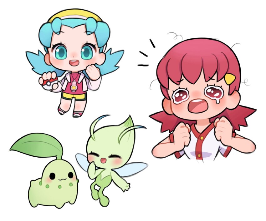 2girls, :3, ^_^, antennae, bandana, beanie, bike_shorts, blue_eyes, blue_hair, blush, celebi, cheisaur, chibi, chibi_only, chikorita, clenched_hands, closed_eyes, colored_skin, cropped_torso, dot_nose, fairy_wings, flying, gen_2_pokemon, green_skin, hand_to_own_mouth, hands_up, hat, highres, holding, holding_poke_ball, kris_(pokemon), leaf, leaf_on_head, legendary_pokemon, looking_at_viewer, loose_hair_strand, multiple_girls, mythical_pokemon, nintendo, notice_lines, open_mouth, pleading_eyes, poke_ball, poke_ball_(basic), pokegear, pokemon, pokemon_(creature), pokemon_gold/silver/crystal, pokemon_heartgold_and_soulsilver, red_eyes, red_hair, red_shirt, shirt, short_sleeves, shorts, simple_background, smile, solid_circle_eyes, teardrop, tearing_up, teeth, twintails, upper_body, upper_teeth_only, white_background, white_shirt, whitney_(pokemon), wings, yellow_hat, yellow_shorts