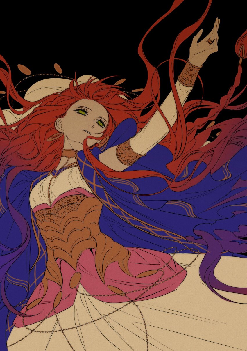 1girl, absurdres, armlet, black_background, blue_hair, bracelet, braid, detached_sleeves