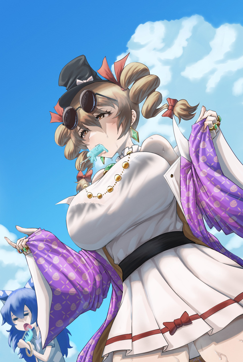 2girls, absurdres, black_bra, blonde_hair, blue_bow, blue_sky, bow, bra