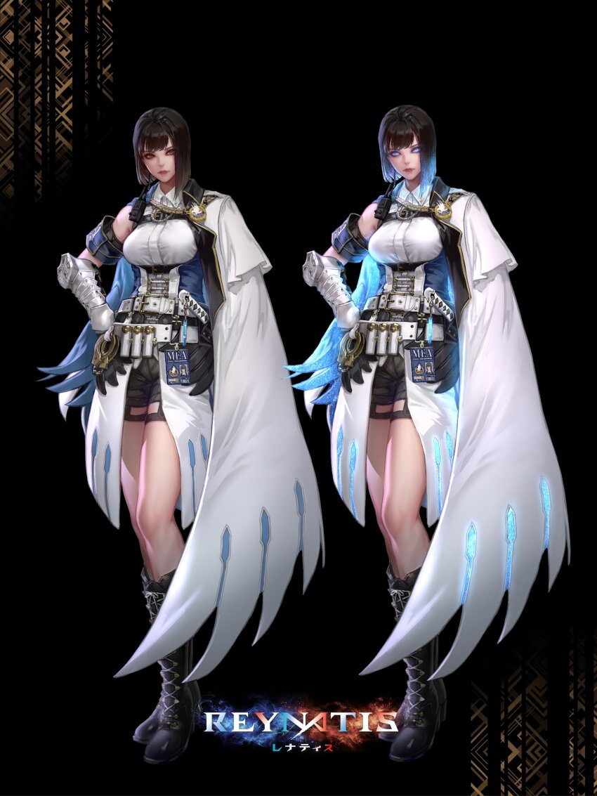 1girl, absurdres, black_boots, boots, cape, collared_shirt, cuffs, hand_on_own_hip