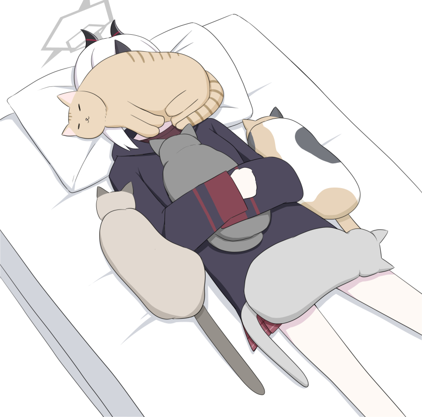 1girl, absurdres, animal, animal_on_head, bed, black_hair, black_hoodie, black_horns