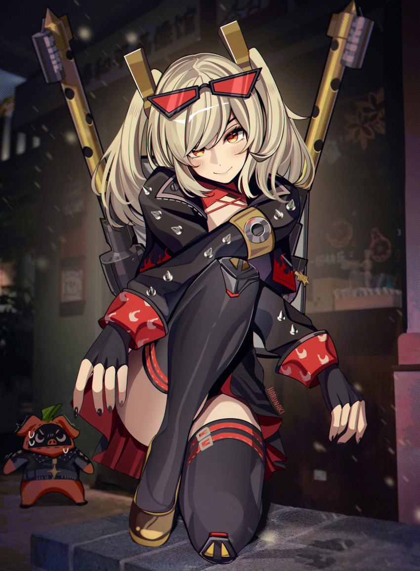 1girl, absurdres, animal, artist_name, black_gloves, black_jacket, black_nails, black_skirt, black_thighhighs, blonde_hair, blush, burnice_white, closed_mouth, eyewear_on_head, fingerless_gloves, fingernails, full_body, gloves, harunaki, highres, jacket, long_hair, looking_at_viewer, nail_polish, outdoors, pig, red-tinted_eyewear, red_eyes, skirt, smile, solo, sunglasses, thighhighs, tinted_eyewear, zenless_zone_zero