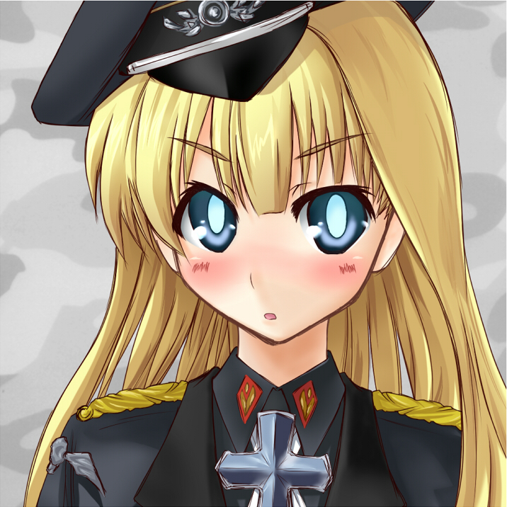 1girl, alice_soft, blonde_hair, blue_eyes, blush, bokunoryuugi, cross, dai_(series), daiteikoku, female_focus, hat, long_hair, military, military_uniform, nazi, open_mouth, peaked_cap, retia_adolf, solo