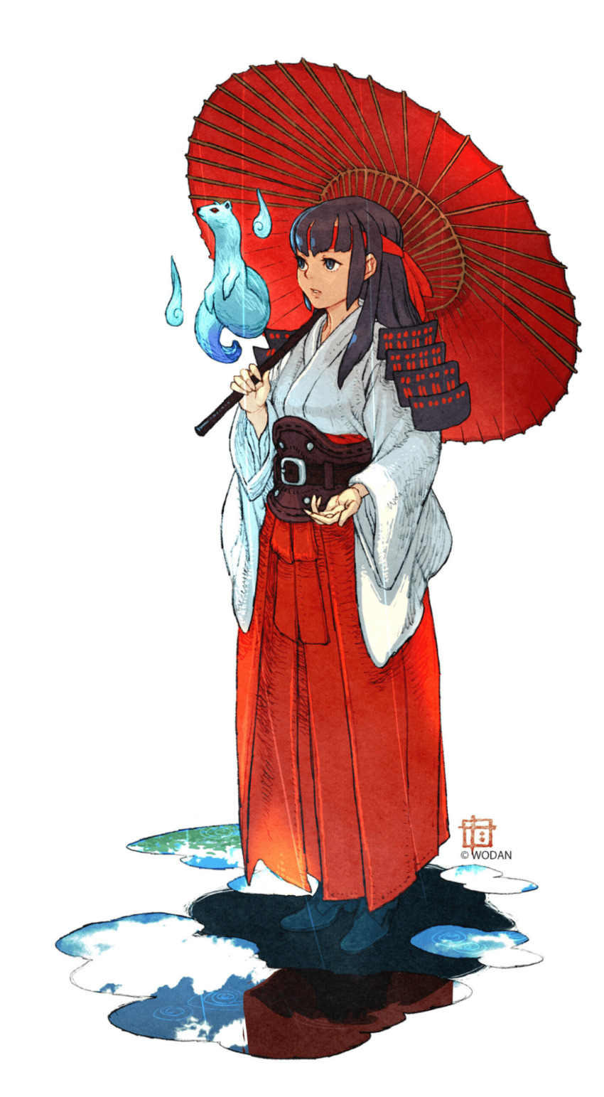 1girl, black_eyes, black_hair, ferret, hakama, headband, highres, holding