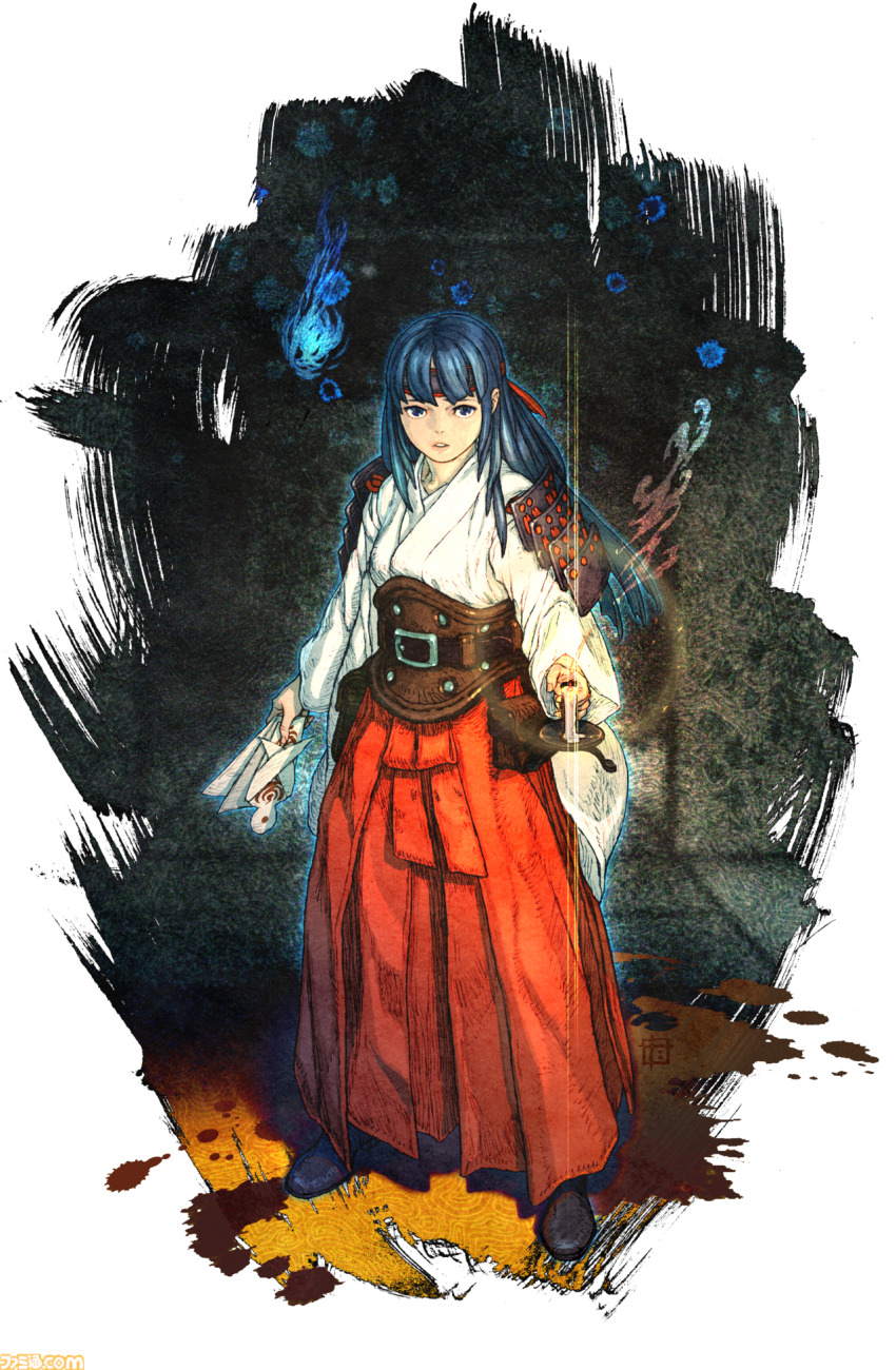 1girl, black_eyes, black_hair, candle, full_body, hakama, headband, highres