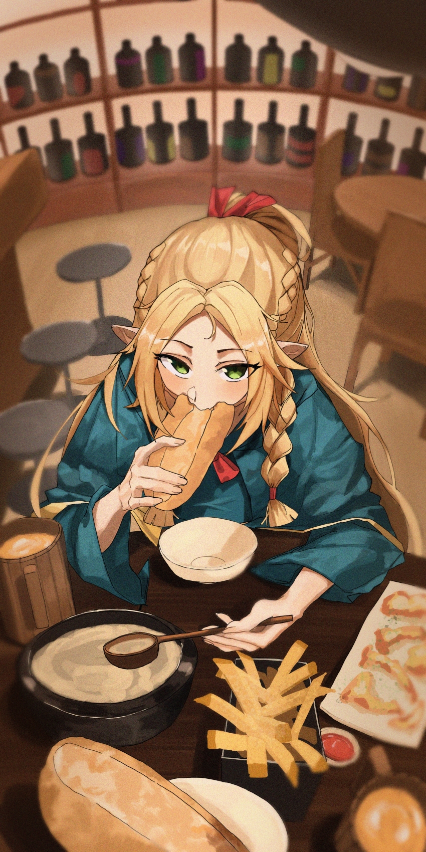 1girl, absurdres, aqua_dress, baguette, bar_stool, blonde_hair, blurry, blurry_background, bottle, bowl, braid, bread, chair, chinese_commentary, commentary, cup, dress, dungeon_meshi, eating, elf, film_grain, fisheye, food, french_fries, from_above, green_eyes, highres, holding, holding_food, holding_spoon, indoors, long_hair, long_sleeves, maka_bei, marcille_donato, mug, parted_bangs, pointy_ears, shelf, sitting, solo, soup, spoon, stool, table, wooden_chair, wooden_cup, wooden_table