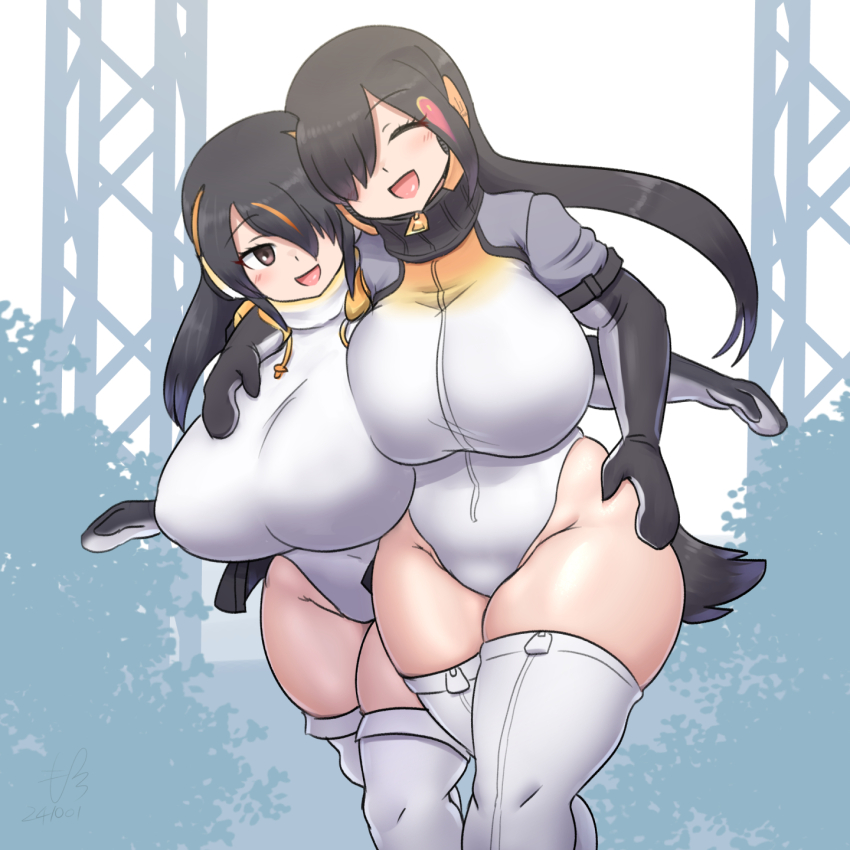 2girls, bird_girl, bird_tail, black_hair, blush, breasts, brown_eyes, elbow_gloves