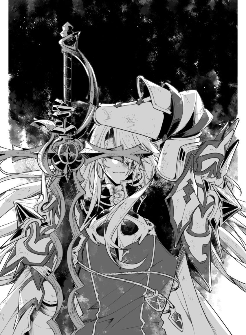 1boy, aglovale_(granblue_fantasy), armor, covered_eyes, gauntlets, granblue_fantasy, greyscale, highres