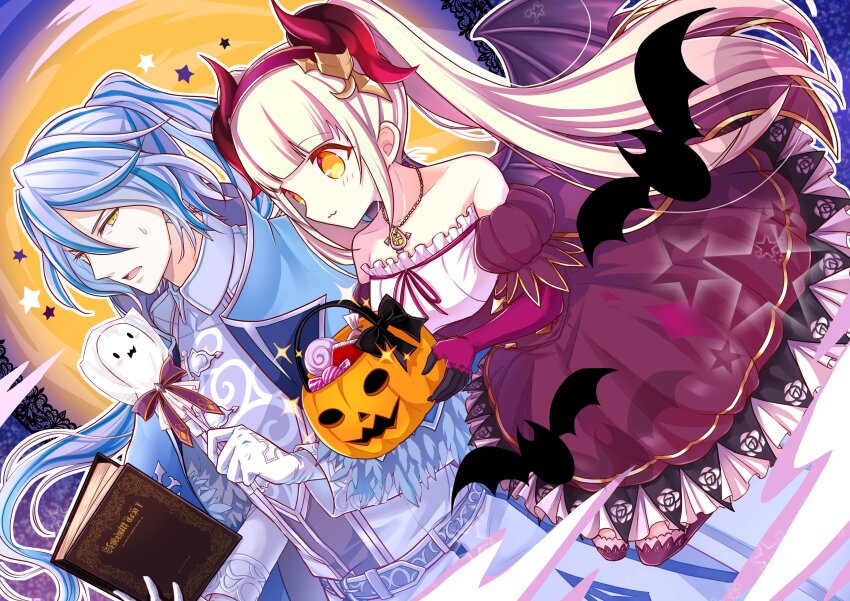 1boy, 1girl, absurdres, ashley_dina, bat_(animal), book, candy, demon_horns, detached_sleeves, fake_horns, food, halloween, halloween_costume, highres, horns, jack-o'-lantern, long_hair, loussier_ellerensia, moon, multicolored_hair, naruse_hizuki, ponytail, puffy_sleeves, pumpkin, shironeko_project, smile, streaked_hair, twintails, white_hair, yellow_eyes