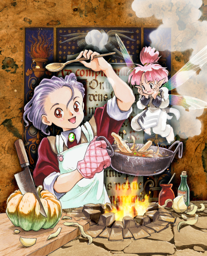 2girls, absurdres, akai_takami, apron, arm_up, brown_eyes, commentary_request, cooking