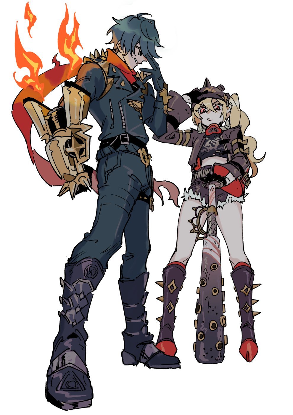 1boy, 1girl, baseball_bat, black_boots, black_gloves, black_helmet, black_pants, black_shorts