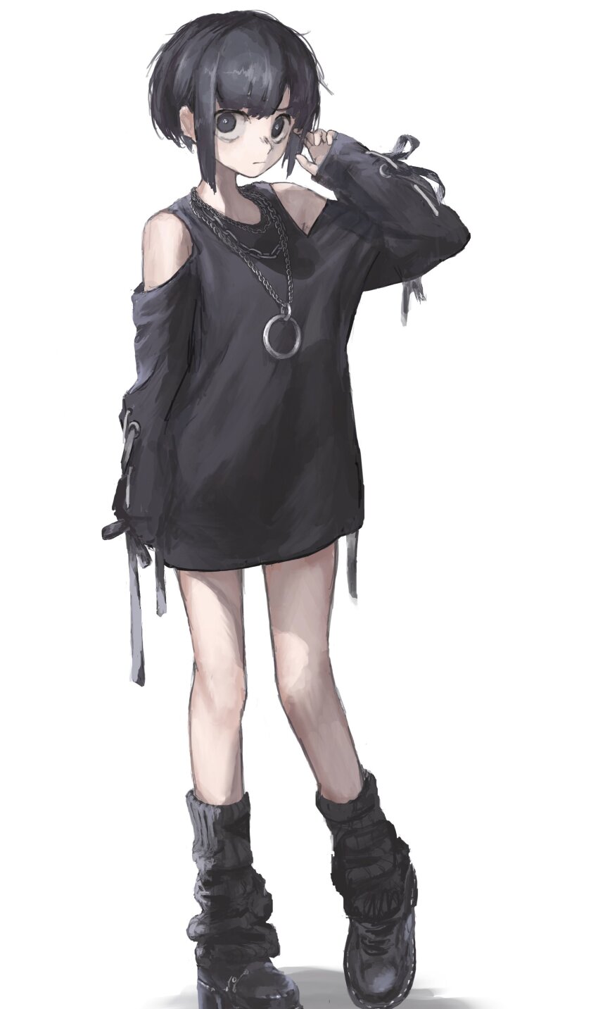 1girl, absurdres, black_eyes, black_hair, black_leg_warmers, black_shirt, black_shoes, closed_mouth, clothing_cutout, full_body, hand_up, heel_up, highres, jewelry, leg_warmers, long_sleeves, looking_at_viewer, muda_name, necklace, original, shirt, shoes, short_hair, shoulder_cutout, simple_background, sleeves_past_wrists, solo, standing, white_background