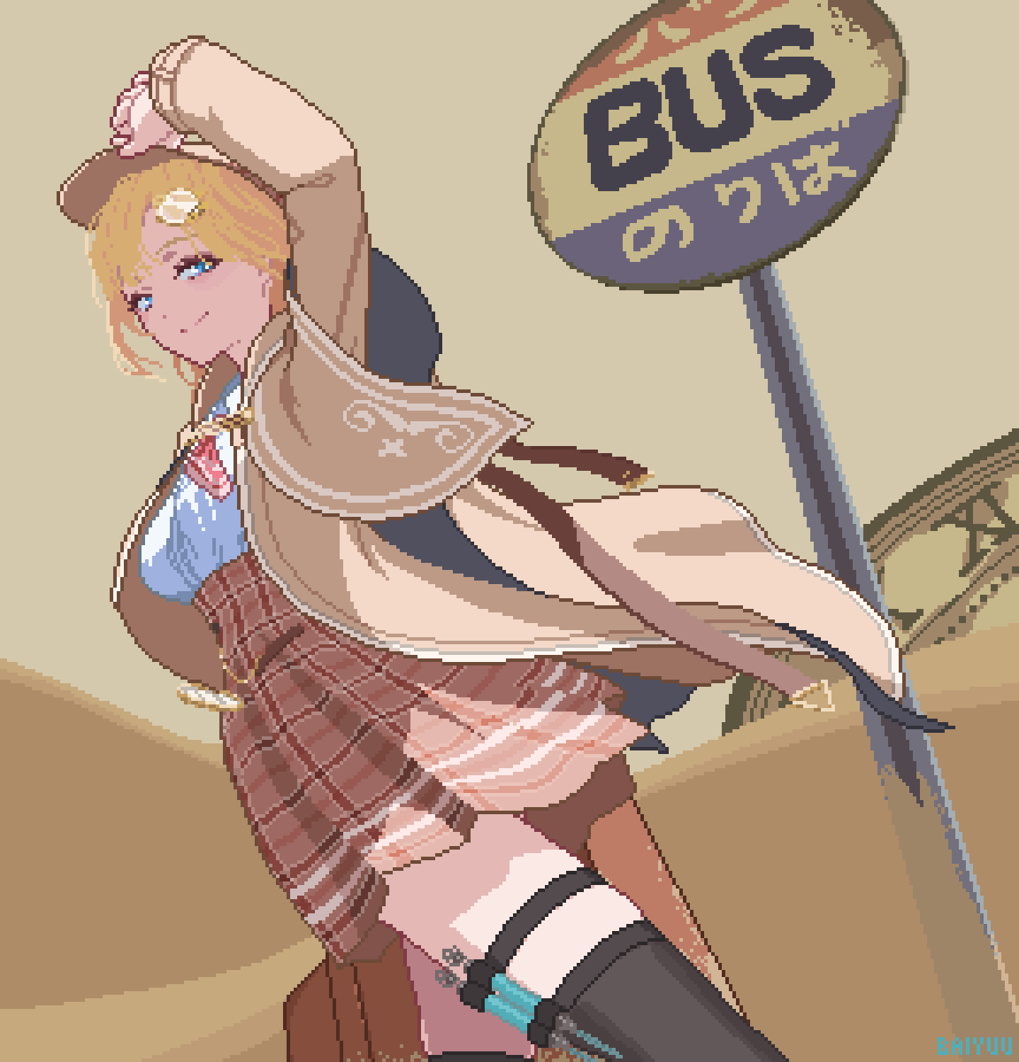 1girl, adjusting_clothes, adjusting_headwear, artist_name, baiyuu, black_thighhighs, breasts, brown_hat