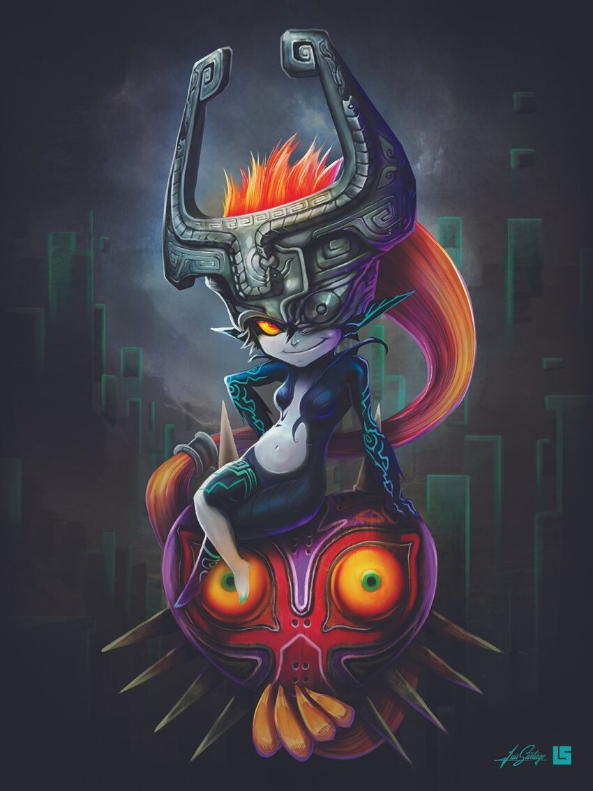 1girl, arm_behind_back, arm_rest, artist_logo, artist_name, barefoot, black_skin, body_fur, body_markings, breasts, closed_mouth, colored_sclera, colored_skin, commentary, crossed_legs, demon_girl, full_body, glowing_markings, green_eyes, grey_helmet, grey_skin, helmet, highres, holding, holding_mask, horned_mask, horns, in-franchise_crossover, logo, long_hair, looking_at_viewer, low_ponytail, majora_(zelda), mask, midna, multicolored_skin, navel, neon_trim, nintendo, one_eye_covered, orange_hair, orange_sclera, pertheseus, pointy_ears, ponytail, prehensile_hair, red_eyes, ringed_eyes, signature, sitting, small_breasts, smile, solo, spiked_hair, the_legend_of_zelda, the_legend_of_zelda:_majora's_mask, the_legend_of_zelda:_twilight_princess, two-tone_skin, unworn_mask, very_long_hair, yellow_sclera