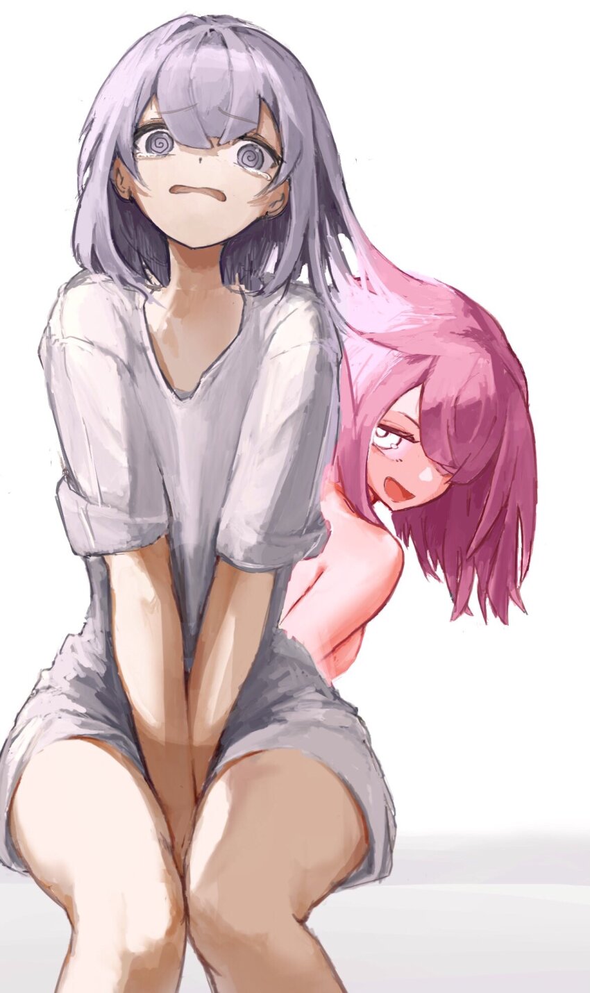 2girls, @_@, between_legs, feet_out_of_frame, hair_over_one_eye, hand_between_legs, highres, looking_at_viewer