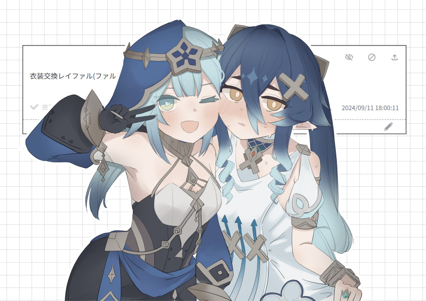 2girls, ;d, absurdres, aqua_eyes, aqua_hair, armpit_cutout, bare_shoulders, black_dress
