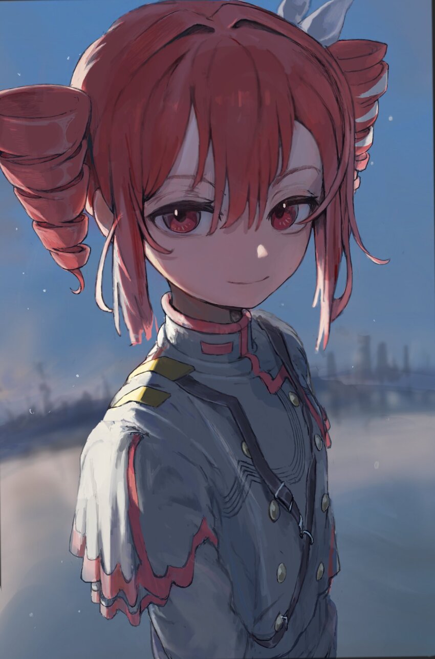 1girl, buttons, closed_mouth, double-breasted, drill_hair, grey_jacket, hair_between_eyes, hashtag-only_commentary