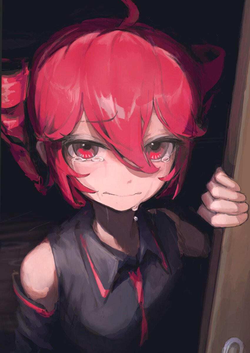 1girl, absurdres, ahoge, bare_shoulders, black_shirt, closed_mouth, collared_shirt, crying, crying_with_eyes_open, dark, detached_sleeves, door, drill_hair, hair_between_eyes, hand_up, hashtag-only_commentary, highres, indoors, kasane_teto, kasane_teto_(utau), looking_at_viewer, making-of_available, muda_name, red_eyes, red_hair, shirt, sleeveless, sleeveless_shirt, solo, tears, twin_drills, utau