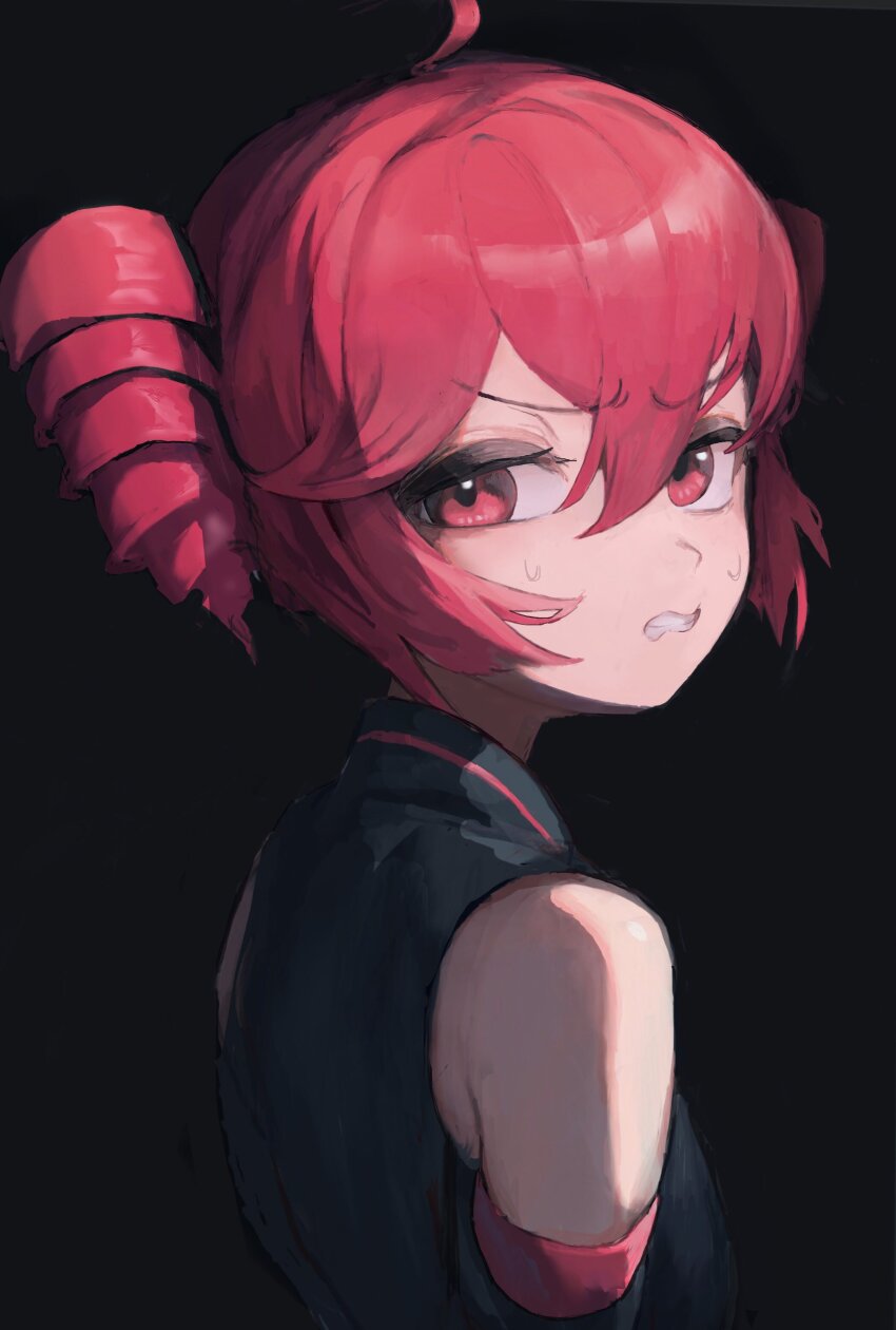 1girl, absurdres, bare_shoulders, black_background, black_shirt, clenched_teeth, drill_hair, hair_between_eyes