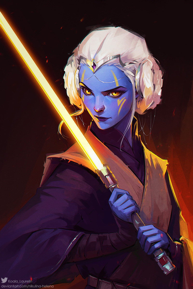 1girl, alien, blue_skin, colored_skin, deviantart_username, donut_hair_bun, double_bun, energy_sword, hair_bun, highres, holding, holding_sword, holding_weapon, jedi, laurelin, lightsaber, orange_eyes, pantoran, solo, star_wars, sword, twitter_logo, twitter_username, upper_body, watermark, weapon, web_address, white_hair, yellow_lightsaber