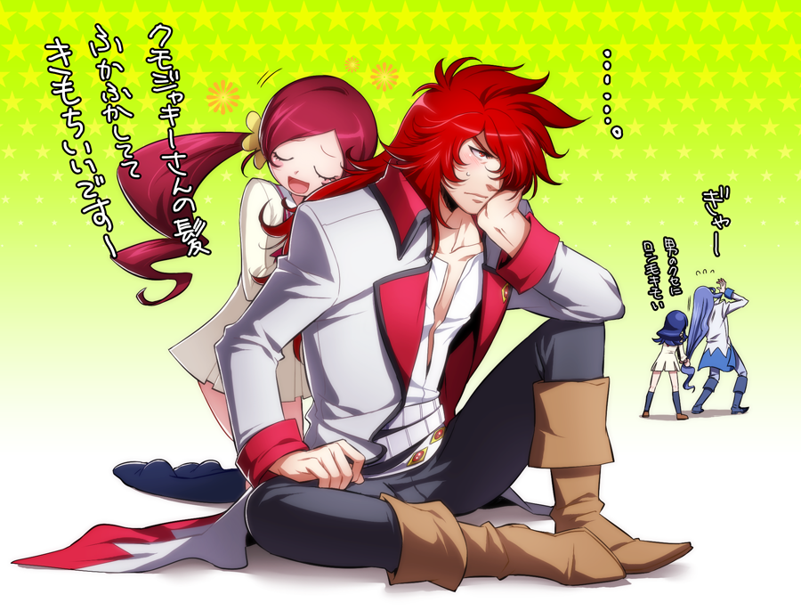 10s, 2boys, 2girls, ahoge, belt, blue_hair, blush, boots