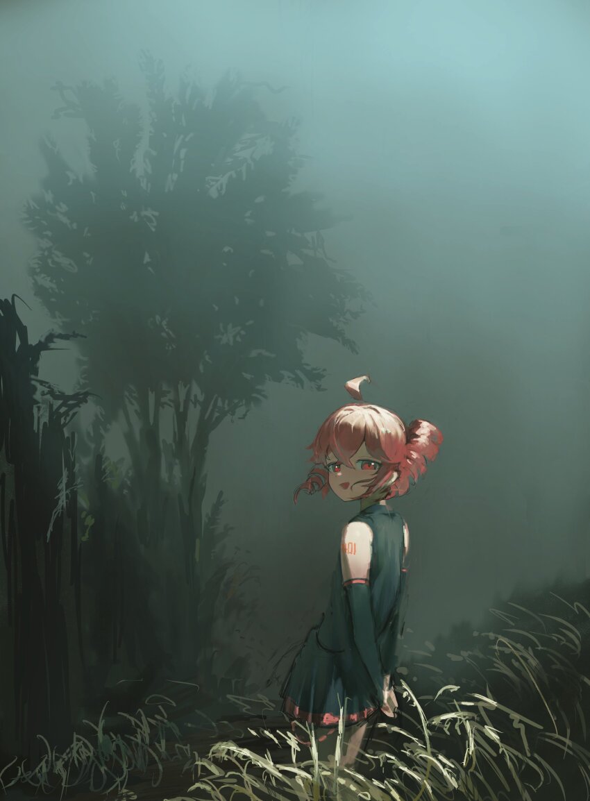 1girl, absurdres, ahoge, bare_shoulders, black_shirt, black_skirt, detached_sleeves, drill_hair