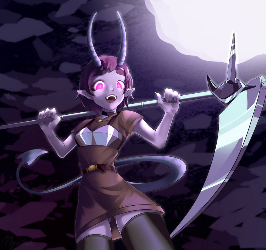 1girl, claws, demi_(lunacid), demon_girl, demon_horns, demon_tail, female_focus, helmet