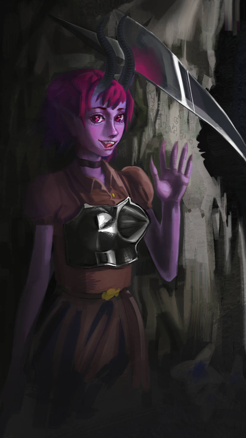 1girl, claws, demi_(lunacid), demon_girl, demon_horns, demon_tail, female_focus, helmet