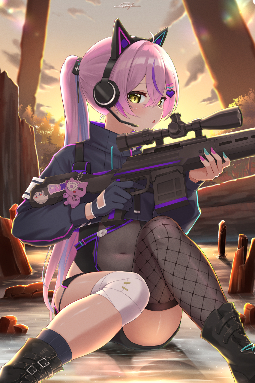 1girl, absurdres, animal_ear_headphones, animal_ears, aqua_nails, black_boots, black_gloves, black_jacket